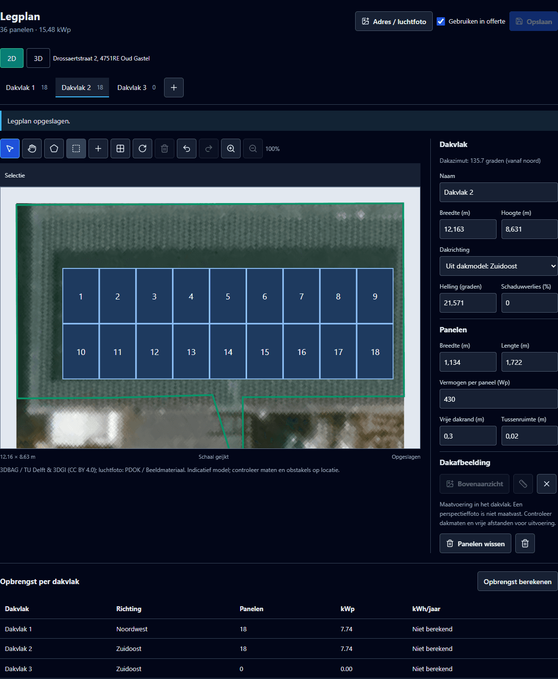SolarPlanning-demolegplan met 36 panelen verdeeld over twee van drie dakvlakken